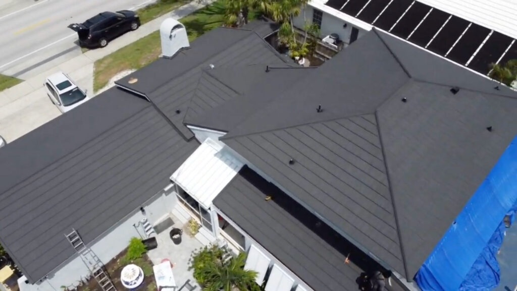 Aerial view of home with a stone coated metal Antica Firenze roof