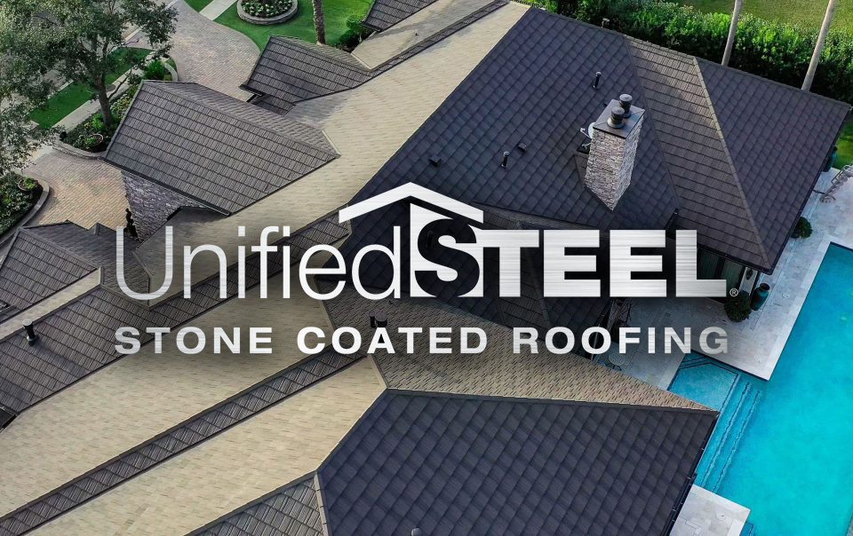 Unified Steel Logo overtop of a Aerial view of home with Pine Crest Shake Timberwood roof