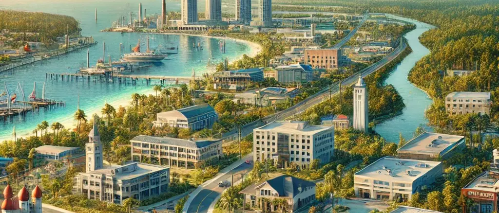 image representing Escambia County, Florida, showcasing its blend of iconic locations like Pensacola, Century, Molino, and Ferry Pass, alongside visible roofing projects.