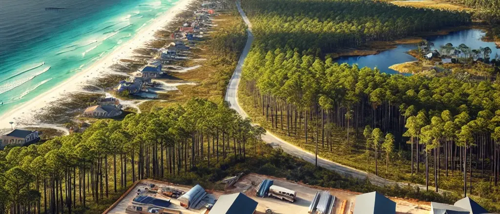 image representing the Florida Panhandle, capturing the Gulf of Mexico coastline, rolling hills, pine forests, and roofing projects across the region.