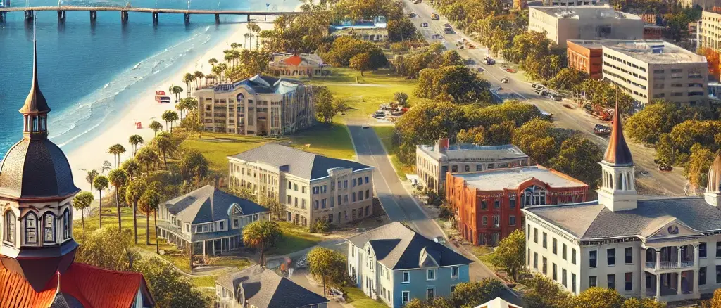 image showcasing North Florida, blending its Gulf Coast and Atlantic Coast landscapes, historic sites, and charming Southern neighborhoods with ongoing roofing projects.