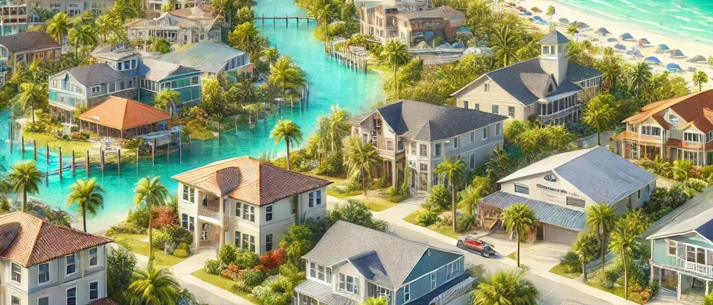 image of a Florida-style home in Okaloosa County, Florida, highlighting its durable roofing and coastal charm.