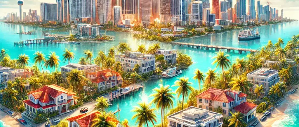 image representing South Florida, highlighting its tropical climate, vibrant urban areas, and iconic natural landscapes alongside roofing projects.